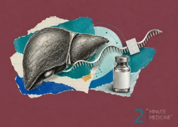 A liver illustration accompanied by a vial representing hepatitis C treatment and RNA, highlighting research in hepatology.