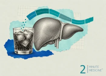 Sugary drinks and liver cancer collage: an engraved liver beside a glass of dark fizzy drink with ice and rising bubbles
