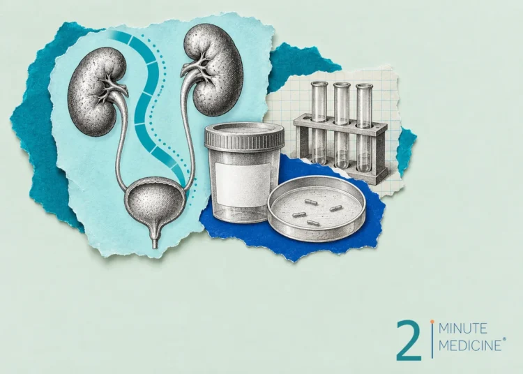 Asymptomatic bacteriuria collage: a bladder and kidneys drawing, a blank urine cup, a lab dish and test tubes