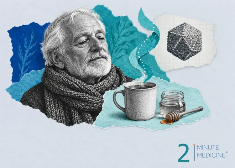 Collage on viral rhinitis: an older man in a wool scarf, a steaming mug, a jar of honey and an engraved cold virus