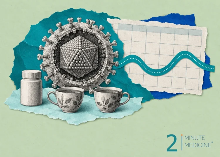 Collage of an engraved genital herpes virus particle, a blank wall calendar, a blank pill bottle and two teacups
