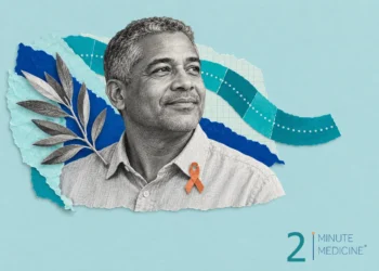 HIV care collage: a smiling middle-aged man with an awareness ribbon pinned to his shirt beside a sprig of olive leaves