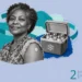 Vaccination collage: a smiling woman with a round plaster on her upper arm beside an open cool box of capped vaccine vials