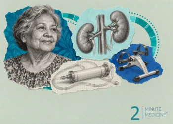Dialysis collage: an older woman in a floral blouse, engraved kidneys, a dialyzer with clear tubing and a pedal exerciser