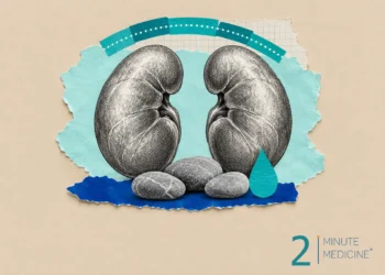 Kidney disease collage: a pair of engraved kidneys above three smooth gray pebbles and a teal water droplet
