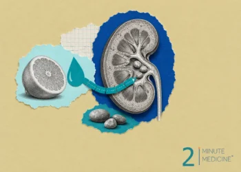 Kidney stones collage: a halved kidney holding three small stones, a halved lemon, a teal water drop and smooth pebbles