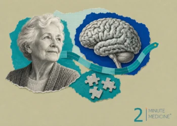 Alzheimer's disease collage: a calm older woman in a cardigan beside a speckled brain drawing and three puzzle pieces