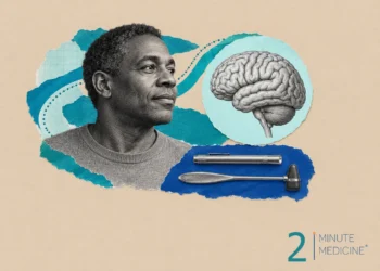 Brain disorders collage: a calm middle-aged man in a gray sweater beside a round brain inset, a penlight and a reflex hammer