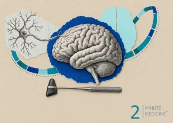 Brain health collage: an engraved brain in side view, a branching neuron, a plain brain-slice silhouette and a reflex hammer