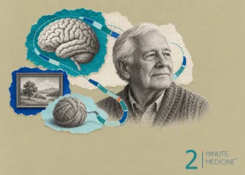 Dementia care collage: a calm older man in a cardigan beside a brain drawing, a ball of yarn and a framed landscape
