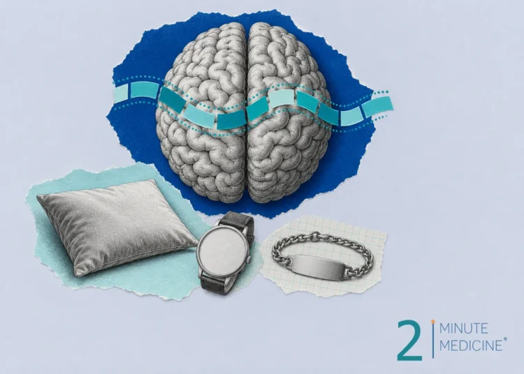 Grand mal seizure collage: an engraved brain with teal waves on both halves, a cushion, wristwatch and medical ID bracelet
