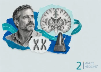 Huntington's disease collage: a calm middle-aged man, a drawing of a brain section, a pair of chromosomes and a metronome
