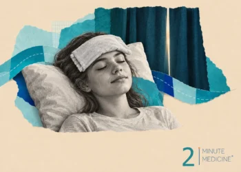 Migraine relief collage: a teenage girl resting on a pillow with a cool cloth on her forehead before drawn curtains