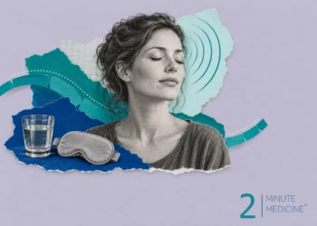 Migraine collage: a woman with her eyes closed and soft arcs radiating from her temple, a glass of water and a sleep mask
