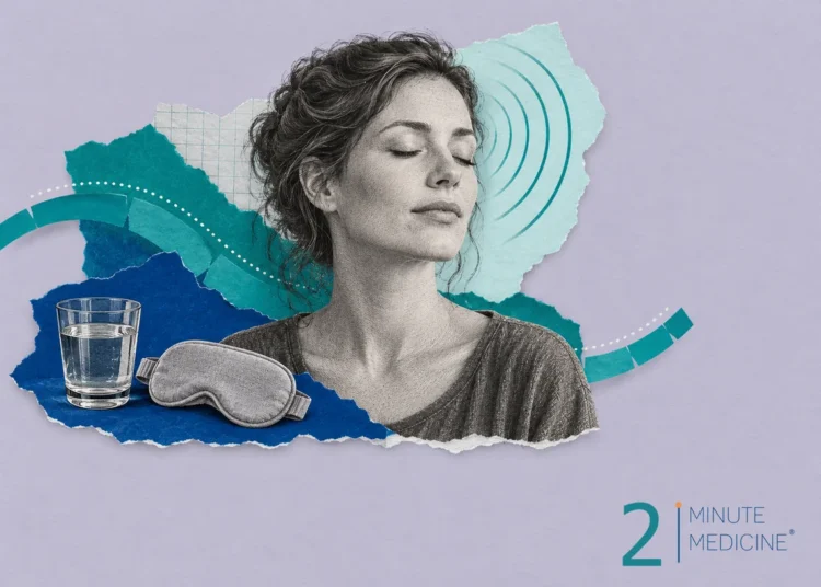 Migraine collage: a woman with her eyes closed and soft arcs radiating from her temple, a glass of water and a sleep mask