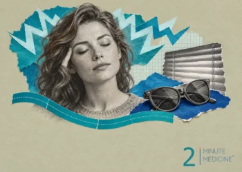 Migraine collage: a woman resting with eyes closed and a finger at her temple, a zigzag aura, window blinds and sunglasses