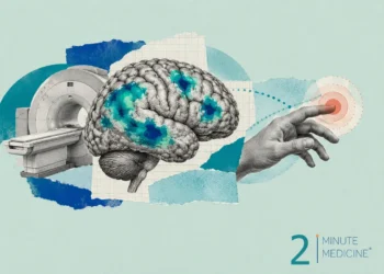 Depiction of a brain with highlighted areas of activity next to a hand reaching towards a pain signal, alongside an MRI machine, suggesting investigation of pain perception mechanisms.