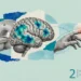 Depiction of a brain with highlighted areas of activity next to a hand reaching towards a pain signal, alongside an MRI machine, suggesting investigation of pain perception mechanisms.