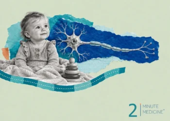 Spinal muscular atrophy collage: a baby girl sitting on a blanket beside a stacking ring toy and a long motor nerve cell