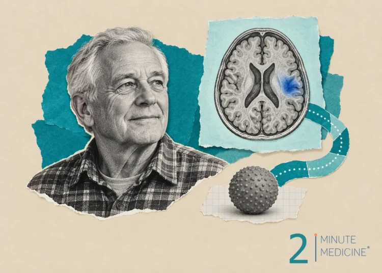 Stroke care collage: an older man in a plaid shirt beside a brain slice with one shaded area and a textured therapy ball
