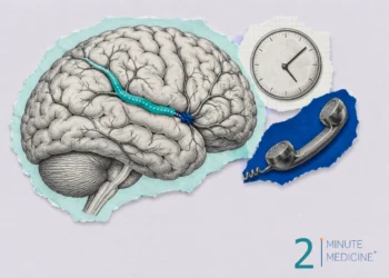 Thrombotic stroke collage: a brain with an artery blocked by a small clot, a clock face without numbers and a telephone
