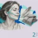 Tic douloureux collage: a calm woman, a dotted teal line tracing three nerve branches on her cheek, a feather and a scarf