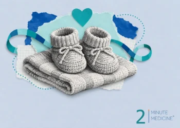 Newborn health collage: a pair of knitted baby booties on a folded blanket below a teal paper heart