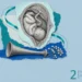 Pregnancy care collage: an engraved cutaway of a head-down fetus in the uterus, a wooden fetal listening horn and flowers