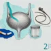 Bladder cancer collage: an engraved bladder with a teal ribbon, a coiled thin scope, a specimen cup and a snapped cigarette