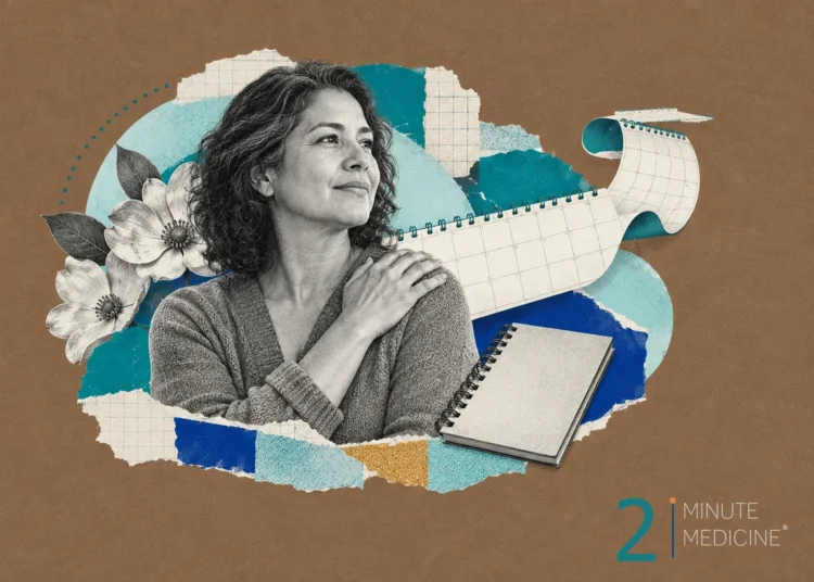 A woman gently holding her shoulder, reflecting a contemplative mood, with art elements representing healing and growth around her.