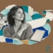 A woman gently holding her shoulder, reflecting a contemplative mood, with art elements representing healing and growth around her.