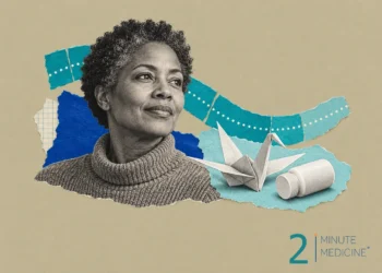 Breast cancer care collage: a calm woman in a turtleneck sweater beside a folded paper crane and a small white pill bottle
