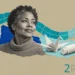 Breast cancer care collage: a calm woman in a turtleneck sweater beside a folded paper crane and a small white pill bottle