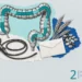 Colorectal cancer collage: a drawing of the large intestine, a coiled colonoscope, a stool test envelope and wheat stalks
