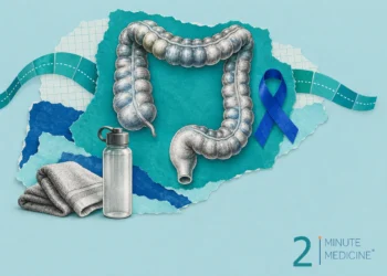 Colorectal cancer collage: an engraved large intestine beside a blue awareness ribbon, a water bottle and a folded towel