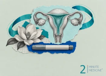 Weight-loss medicines and endometrial cancer collage: an engraved uterus with tubes and ovaries, an injection pen, a magnolia