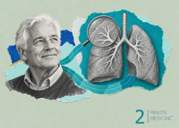 Lung cancer screening collage: a smiling white-haired man beside engraved lungs with a magnifying glass over the upper lobe