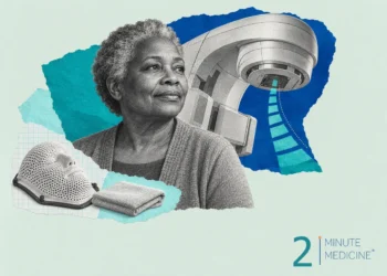 Radiation therapy collage: an older woman in a calm portrait beside the curved arm of a treatment machine and a mesh mask