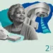 Radiation therapy collage: an older woman in a calm portrait beside the curved arm of a treatment machine and a mesh mask