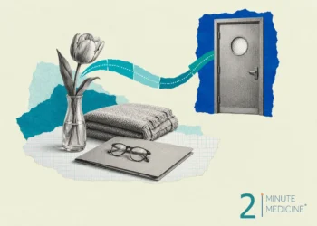 Collage on vulvar cancer: a closed exam-room door, a tulip in a vase, a folded blanket and reading glasses on a folder