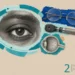 Eye disease collage: a close-up of one eye, round wire-rimmed glasses, an ophthalmoscope and a cross-section of the eyeball