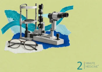 Eye disease collage: an engraved slit-lamp microscope casting a pale beam, with folded reading glasses on graph paper