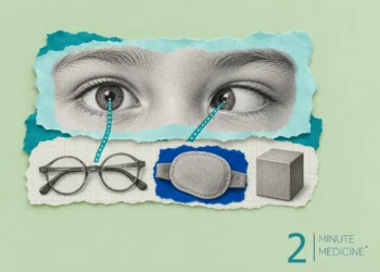 Strabismus collage: a pair of engraved eyes with one turned inward, small round eyeglasses, an eye patch and a toy block