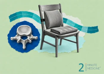 Low back pain collage: a wooden chair with a lumbar cushion and folded heat wrap beside an engraved lumbar vertebra