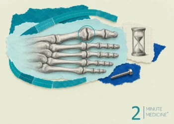 Big toe arthritis collage: engraved front foot bones with a teal ring on the big toe joint, an hourglass and a screw