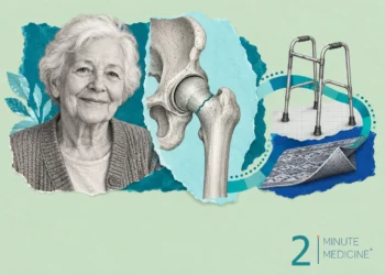 Hip fracture collage: an older woman beside an engraved hip bone with a thin crack, a walker and a folded rug corner