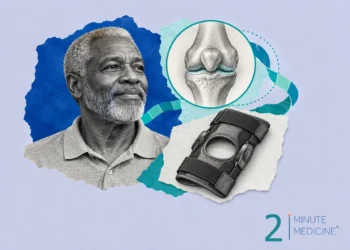 Knee osteoarthritis collage: a calm older man with a gray beard, a knee joint inset with teal cartilage and a knee brace