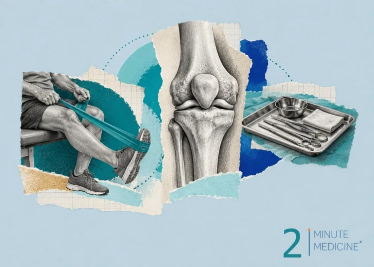 An illustration showcasing knee anatomy, rehabilitation exercises with a resistance band, and surgical instruments on a tray, emphasizing meniscus therapy and surgery.
