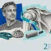 Rotator cuff injury collage of a man beside an engraved shoulder joint wrapped in a teal ribbon, an exercise band and ice