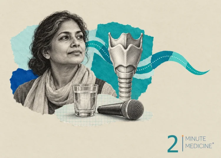 Collage of a middle-aged woman in a scarf, a voice box with chronic laryngitis, a glass of water and a handheld microphone